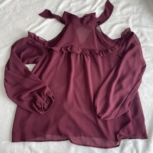 Women's Cold Shoulder Long Sleeve Sheer Blouse, Wine/Red Ruffle Tie Ribbon S